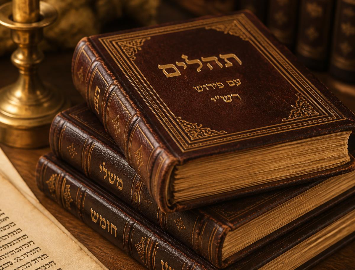 ערימת ספרי קדושה בכריכת עור בורדו עם הטבעת זהב